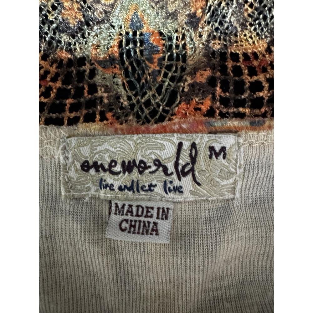 One World Live Let Live Boho Tank Top M Paisley Lace Back Asym Hem Sheer Tunic - Picture 6 of 7